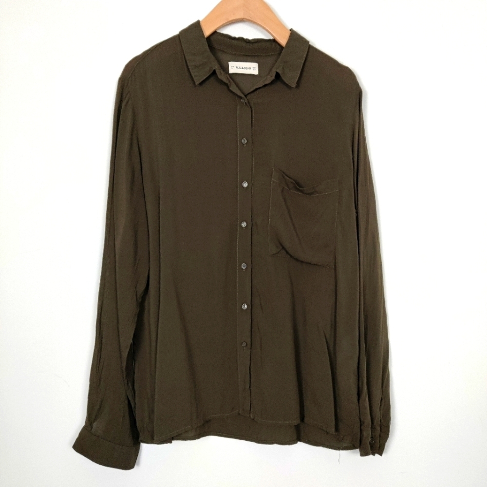 Pull & Bear Women's Button Down Shirt in Dark Green Size Large Fall Lightweight